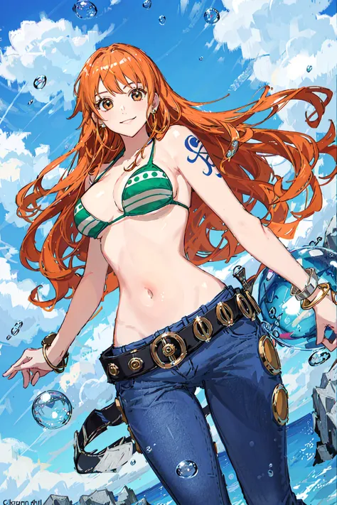 detailed background, masterpiece, best quality, 1girl, solo, nami \(one piece\), 1girl, bangle, bangs, bare shoulders, belt, bikini, bikini top only, blue sky, bracelet, breasts, brown eyes, bubble, cleavage, cloud, cowboy shot, day, denim, earrings, floating hair, green belt, green bikini, groin, jeans, jewelry, large breasts, log pose, long hair, looking at viewer, navel, orange hair, pants, shoulder tattoo, sidelocks, sky, smile, solo, standing, stomach, swimsuit, tattoo , looking at viewer