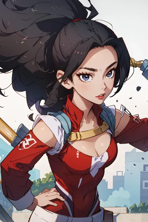 best quality, intricate details,
1girl, <lora:momoYaoyorozuMyHero_v10:0.8> yaoyorozu momo, red leotard, center opening, collarbone, cleavage,