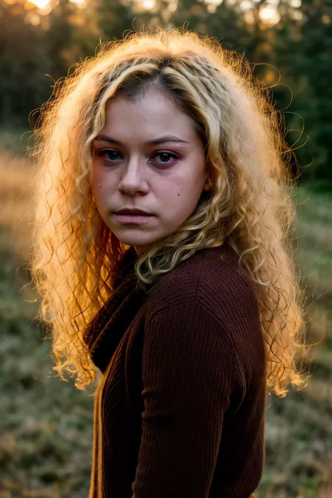 a photo of tatms face ,a woman,outdoor,long blonde curly hair,red contour eyes,golden hour,david fincher lighting style, wearing black sweater, <lora:tatmsF-05:1>