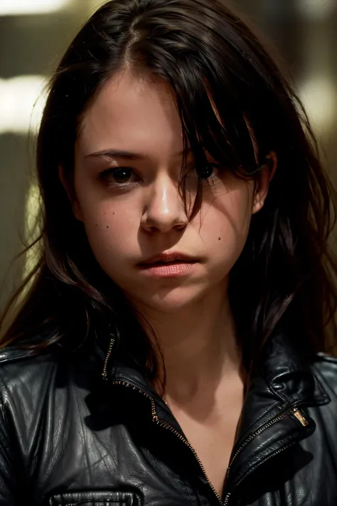 (Cinematic Photo:1.4) of (Ultrarealistic:1) 20 yo model girl grunge, (look down:1.5), dark photo, leather shirt, brunette, (cheekbones:1.2), (smoky eyes:1.4), closeup,long hair, big eyes, (full black background:1.5), (screaming:1.4), soft light, plump big lips, (black liquid:1.4), (touches face with palms:1.3), badhandv4,Highly Detailed,(Muted Colors:1.5)
