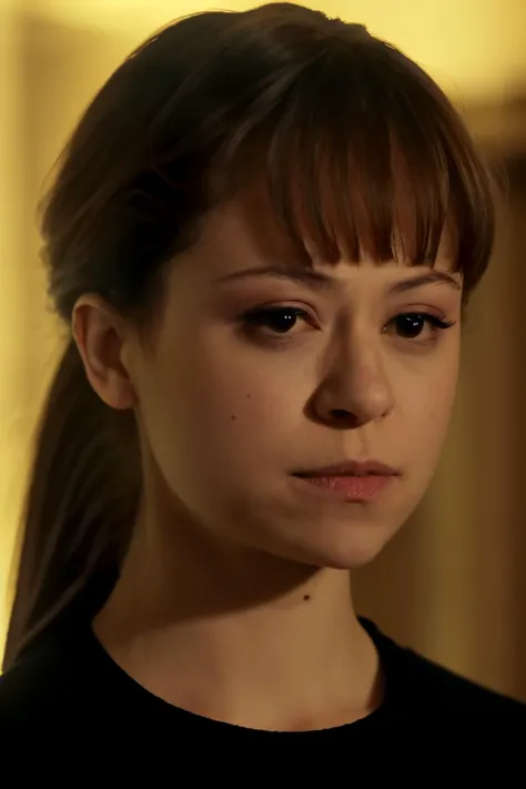 a photo of tatms ,a woman,in a room,ponytail with bangs,david fincher lighting style, close-up <lora:tatmsF-05:1>