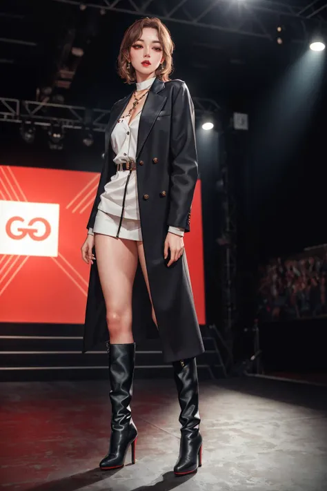 highres,absurdres,masterpiece,best quality,original,extremely detailed CG,extremely detailed wallpaper,perfect lighting,jitome,lips,makeup,standing on the stage,blurry background,
<lora:oversized_jacket:0.7>,oversized_jacket,high heel boots,