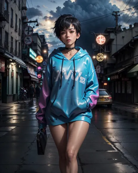 (sexy latex pink [:transparent:.1] oversized_hoodie:1.3) BREAK
[1boy:1girl:0.3], tomboy, solo, very short black hair, pixie cut, tan, (muscular:0.9), (large breasts:1), (medium breasts: 0.25), full-face blush, choker, [:black latex thighhighs,:.4] BREAK
Kabukicho, Shinjuku, (futuristic:1.3) neo neo tokyo, dramatic lighting, absurdres, best quality, clouds, night, (bright neon signs:1.3), (neon:1.5), neon lights, moon, dark theme, crowded, busy, spacecraft, airship
<lora:GoodHands-vanilla:1><lora:oversized_sweater:.5>  <lora:LowRA:.8>