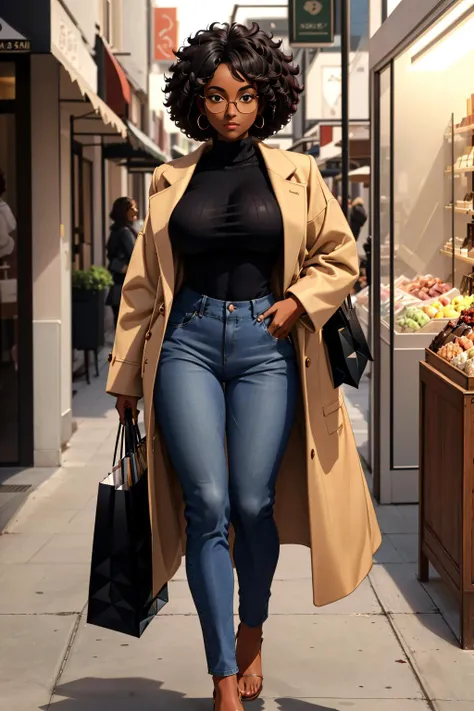 1woman,(afro:1.2),dark-skinned female, dark skin, glasses,full body, huge breasts, ,wide hips, sweater,pants, <lora:oversized_coat-10:0.4> wearing oversized_coat,shopping street, (masterpiece, best quality)