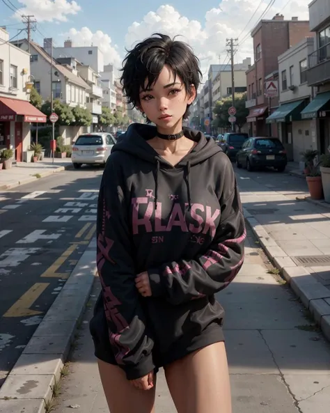 [1boy:1girl:0.3], tomboy, solo, very short black hair, pixie cut, tan, (muscular:0.9), (large breasts:1), (medium breasts: 0.25), messy hair, lovestruck, full-face blush, choker, BREAK
(sexy black oversized_hoodie:1.1) BREAK
san francisco sidewalk, dramatic lighting, absurdres, best quality, clouds, golden hour, sunlight, 
<lora:GoodHands-vanilla:1><lora:oversized_sweater:.5>