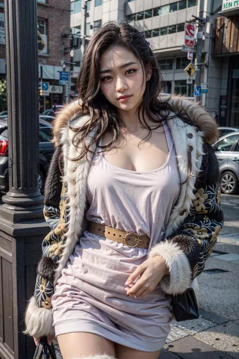 (realistic:1.3), finely detailed, quality, rembrandt lighting, (masterpiece:1.2), (photorealistic:1.2), (best quality), (detailed skin:1.3), (intricate details), dramatic, ray tracing, 1girl, japanese girl, 21 years old, detailed skin texture, (blush:0.5), (goosebumps:0.5), subsurface scattering, smiling, medium breasts, short hair curls, bangs, hair between eyes, (wearing oversized_fur:1.4), cowboy shot, (bright sunny day), <lora:oversized_fur-10:0.5>