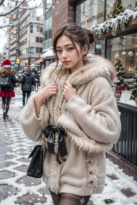 (realistic:1.3), finely detailed, quality, rembrandt lighting, (masterpiece:1.2), (photorealistic:1.2), (best quality), (detailed skin:1.3), (intricate details), dramatic, ray tracing, 1girl, japanese girl, 21 years old, detailed skin texture, (blush:0.5), (goosebumps:0.5), subsurface scattering, smiling, medium breasts, updo hair, bangs, hair between eyes, (wearing oversized_fur:1.4), blouse, pencil skirt, pantyhose, cowboy shot, (night, outdoors, winter scene, light snow, snow covered ground, (christmas tree, christmas lighting, christmas decorations:1.2), tokyo), <lora:oversized_fur-10:0.5>