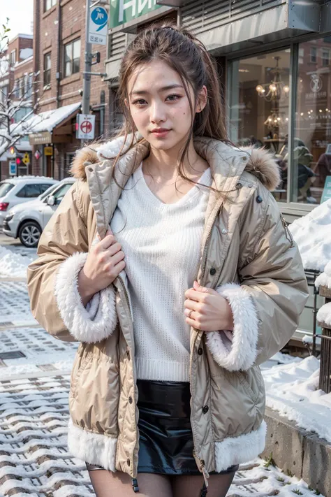 (realistic:1.3), finely detailed, quality, rembrandt lighting, (masterpiece:1.2), (photorealistic:1.2), (best quality), (detailed skin:1.3), (intricate details), dramatic, ray tracing, 1girl, japanese girl, 21 years old, detailed skin texture, (blush:0.5), (goosebumps:0.5), subsurface scattering, smiling, medium breasts, updo hair, bangs, hair between eyes, (wearing oversized_fur:1.2), blouse, pencil skirt, pantyhose, cowboy shot, (bright sunny day, winter scene, light snow, snow covered ground, sapporo, cityscape, sky), <lora:oversized_fur-10:0.5>