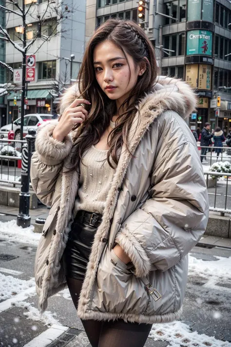 (realistic:1.3), finely detailed, quality, rembrandt lighting, (masterpiece:1.2), (photorealistic:1.2), (best quality), (detailed skin:1.3), (intricate details), dramatic, ray tracing, 1girl, japanese girl, 21 years old, detailed skin texture, (blush:0.5), (goosebumps:0.5), subsurface scattering, smiling, medium breasts, updo hair, bangs, hair between eyes, (wearing oversized_fur:1.4), blouse, pencil skirt, pantyhose, cowboy shot, (night, outdoors, winter scene, light snow, snow covered ground, christmas tree, christmas lighting, cityscape, tokyo), <lora:oversized_fur-10:0.5>