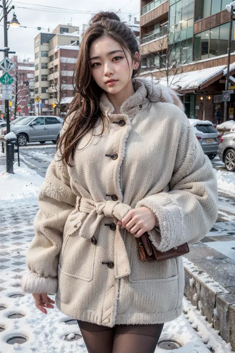 (realistic:1.3), finely detailed, quality, rembrandt lighting, (masterpiece:1.2), (photorealistic:1.2), (best quality), (detailed skin:1.3), (intricate details), dramatic, ray tracing, 1girl, japanese girl, 21 years old, detailed skin texture, (blush:0.5), (goosebumps:0.5), subsurface scattering, smiling, medium breasts, updo hair, bangs, hair between eyes, (wearing oversized_fur:1.4), blouse, pencil skirt, pantyhose, cowboy shot, (bright sunny day, winter scene, light snow, snow covered ground, sapporo, cityscape, sky), <lora:oversized_fur-10:0.5>