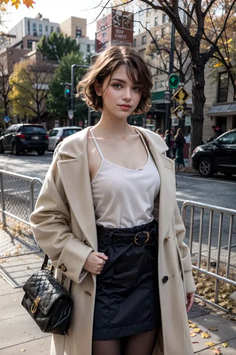 (realistic:1.3), finely detailed, quality, rembrandt lighting, (masterpiece:1.2), (photorealistic:1.2), (best quality), (detailed skin:1.3), (intricate details), dramatic, ray tracing, 1girl, american girl, 21 years old, detailed skin texture, (blush:0.5), (goosebumps:0.5), subsurface scattering, smiling, medium breasts, short hair curls, bangs, hair between eyes, wearing oversized_coat, wool coat, spaghetti strap top under coat, pencil skirt, cowboy shot, (bright sunny day, new york, central park, autumn scene, autumn leaves), <lora:oversized_coat:0.5>