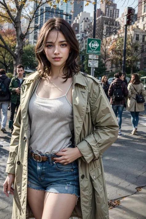 (realistic:1.3), finely detailed, quality, rembrandt lighting, (masterpiece:1.2), (photorealistic:1.2), (best quality), (detailed skin:1.3), (intricate details), dramatic, ray tracing, 1girl, american girl, 21 years old, detailed skin texture, (blush:0.5), (goosebumps:0.5), subsurface scattering, smiling, medium breasts, short hair, blonde hair, bangs, hair between eyes, wearing oversized_coat, wool coat, (spaghetti strap top:1.1) collarbone, denim shorts, pantyhose, cowboy shot, (bright sunny day, new york, central park, autumn scene, autumn leaves, orange leaves), <lora:oversized_coat:0.5>