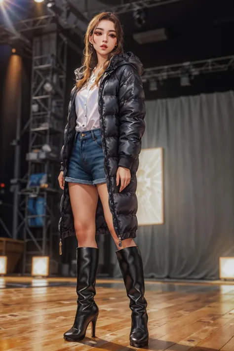 highres,absurdres,masterpiece,best quality,original,extremely detailed CG,extremely detailed wallpaper,perfect lighting,jitome,lips,makeup,standing on the stage,blurry background,
<lora:oversized_puffer_jacket:0.6>,oversized_puffer_jacket,high heel boots,