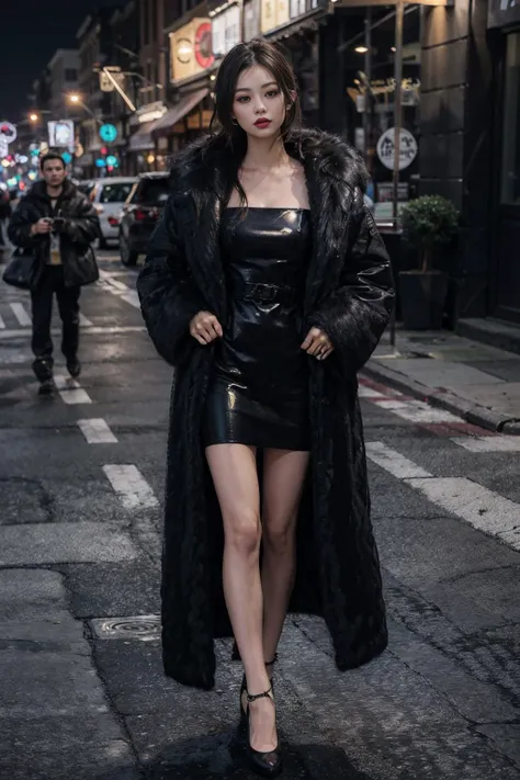 Best quality,masterpiece,ultra high res,(photorealistic:1.4),raw photo,1girl, (full body), (wearing elegant dress:1.2), city street at night, good hand,4k, high-res, masterpiece, best quality, head:1.3, wearing oversized_fur, in the dark, deep shadow, low key, cold light, <lora:LowRA:0.5> <lora:oversized_fur:0.65>