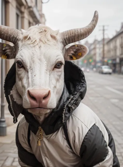 upper body, ( portrait,close up:1.3), focus, blur, (black roundeyes:1.4), posing, hand on chest, bovine, horns
, realistic, (cow wearing a whiteoutfit:1.2),
dazzling, satin, embellishments, shimmering gold, stones,embellishments, gold chain,
werenaimal,
(wearing black oversized_puffer_jacket:1.3)
<lora:IvoryGoldAIv2:0.3>IvoryGoldAI
street,
abstract, (best quality:1.3), ((masterpiece)), ((realistic)) , ,ankymoore, absurdres, intricate details, bloom, backlighting,, dramatic lighting
film grain, 85mm, focus,
<lora:ankymoore:0.0> <lora:add_detail:0.25>
<lora:lightV1:0.5> <lora:GPTS3 animals_258424:0.2> <lora:AnimalClothes:0.3>
<lora:anmen:0.6> <lora:7_wereanimal_1v5_768_0001BD5e_NR128NA128off:0.2> <lora:lit:0.6> <lora:oversized_puffer_jacket:0.46>