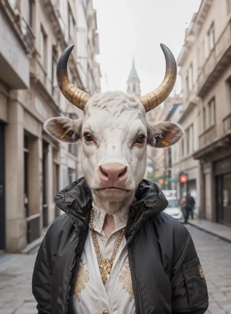 upper body, ( portrait,close up:1.3), focus, blur, (black roundeyes:1.4), posing, hand on chest, bovine, horns
, realistic, (cow wearing a whiteoutfit:1.2),
dazzling, satin, embellishments, shimmering gold, stones,embellishments, gold chain,
werenaimal,
(wearing black oversized_puffer_jacket:1.3)
<lora:IvoryGoldAIv2:0.3>IvoryGoldAI
street,
abstract, (best quality:1.3), ((masterpiece)), ((realistic)) , ,ankymoore, absurdres, intricate details, bloom, backlighting,, dramatic lighting
film grain, 85mm, focus,
<lora:ankymoore:0.0> <lora:add_detail:0.25>
<lora:lightV1:0.5> <lora:GPTS3 animals_258424:0.2> <lora:AnimalClothes:0.3>
<lora:anmen:0.6> <lora:7_wereanimal_1v5_768_0001BD5e_NR128NA128off:0.2> <lora:lit:0.6> <lora:oversized_puffer_jacket:0.46>
