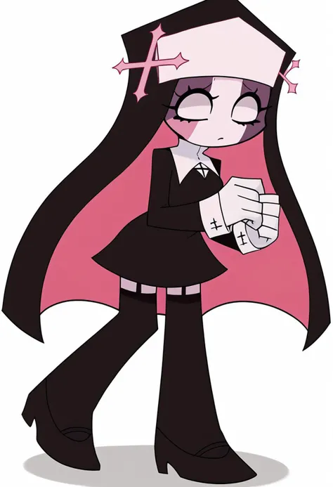 Panty & Stocking style, Thick lineart, sharp edges, sarvente, colored skin, habit, blank eyes, nun, black dress, long sleeves, white gloves, black thighhighs, cute, white background.