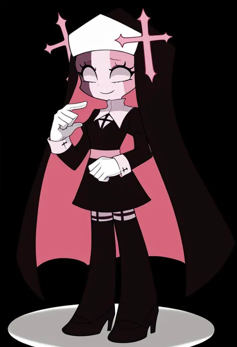 Panty & Stocking style, Thick lineart, sharp edges, 1girl, sarvente, colored skin, smile, habit, blank eyes, nun, black dress, long sleeves, white gloves, black thighhighs, cute, white background.