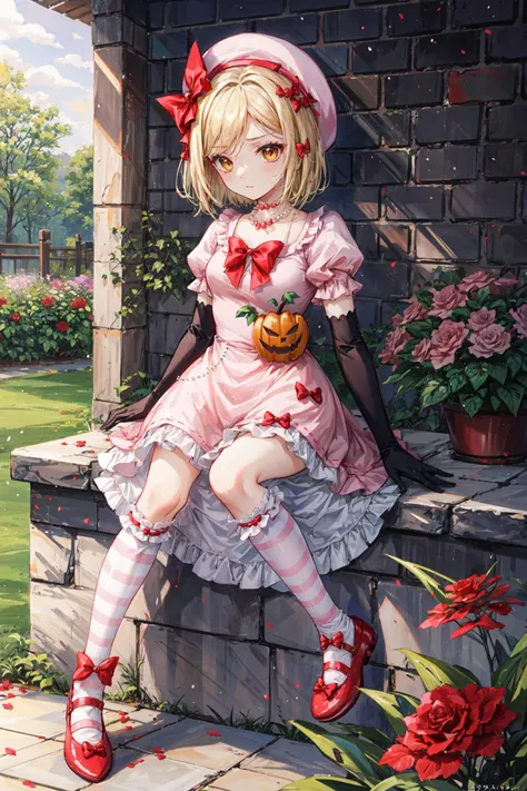 (masterpiece),(best quality), <lora:Lambdadelta:0.75>, lambdadelta, dress, shoes bow, red shoes, striped stockings, red bow, pink hat, pumpkin brooch, necklace, gloves, pearl, inexpressive face, blank eyes, garden, manor, beautiful sunlight, roses,<lora:Adddetail:0.7>