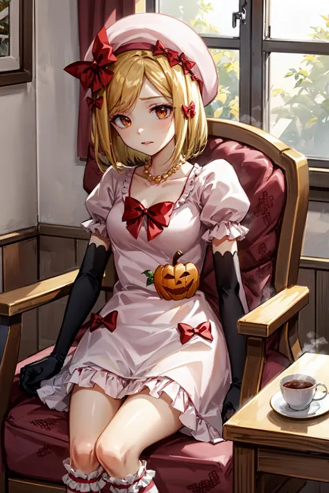 (masterpiece),(best quality), <lora:Lambdadelta:0.8>, lambdadelta, dress, striped stockings, pearl, red bow, pink hat, pumpkin brooch, necklace, gloves, upper body, empty eyes, blank eyes, table, tea cup, tea, steam, window, chair, sitting, sunlight, looking at the viewer
