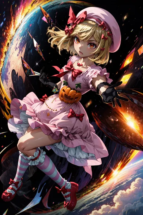 masterpiece,best quality,1girl,lambdadelta,dress,striped stockings,red bow,pink hat,necklace,gloves,pearl,pumpkin brooch,(lying,floating),evil grin,floating candies,sweets,wagashi,outer space,<lora:CHAR-Umineko-Lambdadelta-SOSDAN:0.8>,