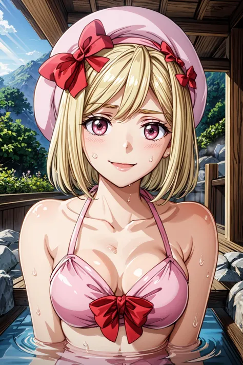 (masterpiece),(best quality), <lora:Lambdadelta:0.7>, lambdadelta, bikini, swimsuit, pink hat, smile, looking at the viewer, portrait, <lora:ARWJapanOnsen:0.8>, japanonsen, sunlight, dawn, mist, fog, sweat, <lora:Adddetail:0.6>