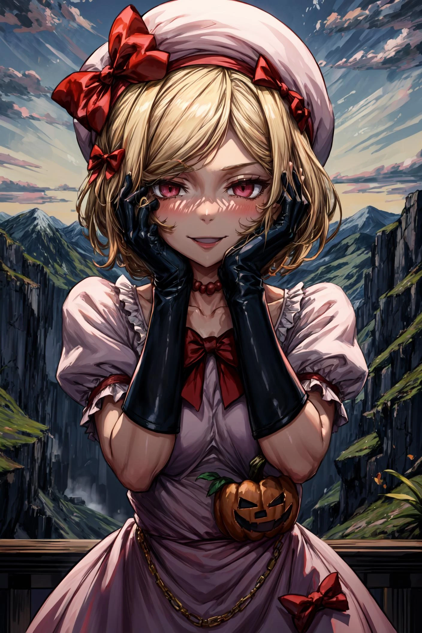 (masterpiece),(best quality), <lora:Lambdadelta:0.75>, lambdadelta ,dress, striped stockings, red bow, pink hat, necklace, gloves, pearl, pumpkin brooch, crazy face, upper body, persistent stare, mountains, forest, looking at the viewer, red sky, <lora:yandere_trance:0.7>, yandere trance, yandere, hands on own face,hands on own cheeks, blank eyes, blush, large smile, yandere smile, <lora:Adddetail:0.8>