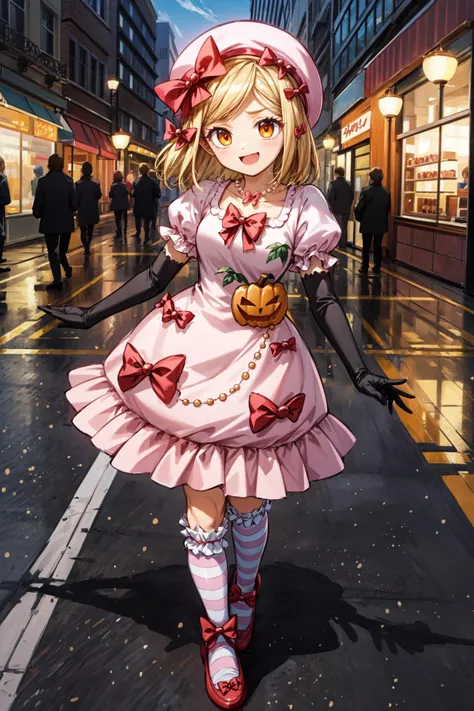 (masterpiece),(best quality), <lora:Lambdadelta:0.8>, lambdadelta ,dress, shoes bow, red shoes, striped stockings, red bow, pink hat, necklace, gloves, pearl, pumpkin brooch, outside, looking at the viewer, street, shops, sidewalk, <lora:Adddetail:0.8>