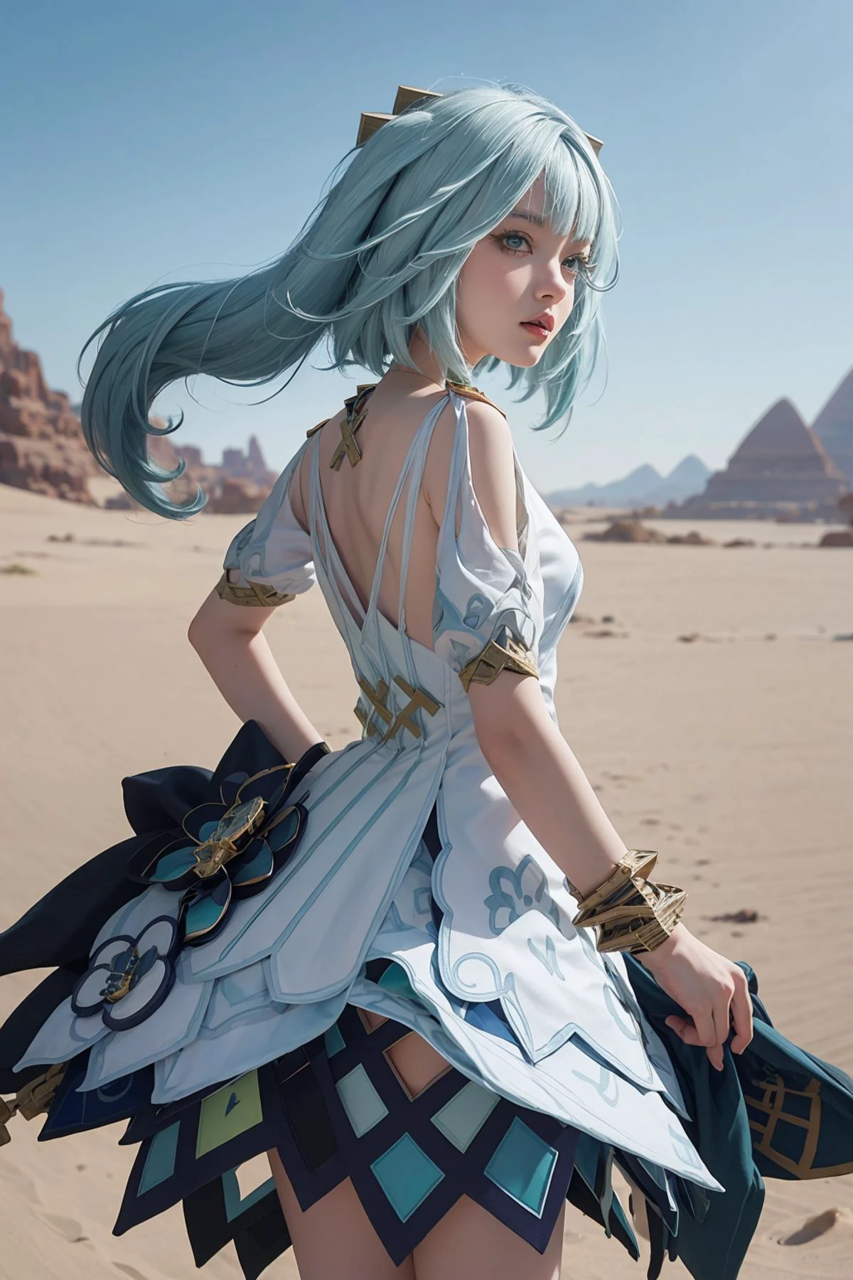 <lora:genshinfull1:1>, <lora:faruzan1:1>, faruzandef, faruzan (genshin impact),
1girl,solo, long hair,realistic, blue hair,lips,profile,portrait,closed mouth,nose,from side, best quality, masterpiece, illustration, an extremely delicate and beautiful, extremely detailed ,CG,unity,8k wallpaper, Amazing, finely detail, masterpiece, best quality,official art,extremely detailed CG unity 8k wallpaper,absurdres, incredibly absurdres, huge filesize , ultra-detailed, highres, extremely detailed,beautiful detailed girl, extremely detailed eyes and face, beautiful detailed eyes,light on face, upper body,
outdoors, outside, day, desert, egypt, oasis,