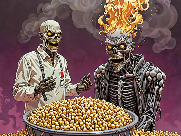 no humans, minimalism, cartoon, burning melting corn, horror, body horror, smile from ear to ear, corn kernels, popcorn, fire background, thick smoke, aesthetic, iridescent glare gradient, by Franklin Booth, surreal, composition, high image clarity