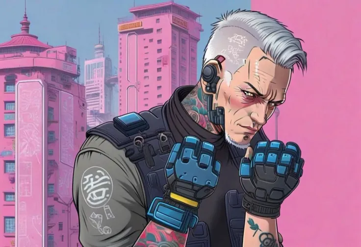 anime, a old man with tattoos on his face and a pair of gloves ,(((light silver hair))), background pink city, day, tall buildings, cyberpunk, cyberpunk art, retrofuturism<lora:Cyberpunk _Anime_sdxl:1.0>, sun, vfx environment, ambient occlusion, highlights, corect eyes