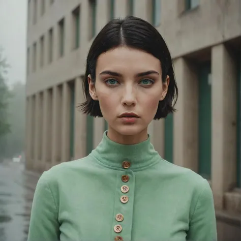 A photo of photomaker, portrait of haute couture beautiful model with green eyes, short black hair, 26 years old, button nose, ethereal dreamy foggy, photoshoot by Alessio Albi , editorial Fashion Magazine photoshoot, fashion poses, in front of brutalist building architecture. Kinfolk Magazine. Film Grain, film photoshoot, hazy background, smoky, film photo, film grain, vintage photo with film grain sharp, raw photo, 8K, <lora:Perfect Hands:1.3> Perfect Hands , <lora:add-detail-xl:1> , <lora:RMSDXL_Enhance:3>, <lora:ALTXL_001_4:1>