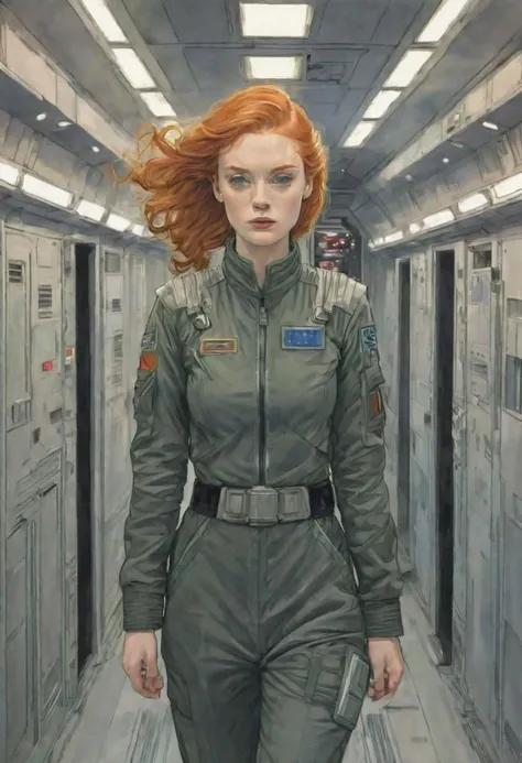 thick bold outline, acrylic painting illustration portrait of a pretty young ginger irish endomorph girl wearing a fighter pilot outfit, walking away looking back at the viewer, in a star destroyer corridor, extremely detailed, Star wars style