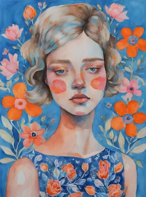 a painting of a woman with flowers on her dress and a blue background with orange and pink flowers on her neck, Anna Findlay, in gouache detailed paintings, a watercolor painting, figurative art , pop surrealism , <lora:Graphic_Portrait:0.75>