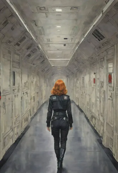 thick bold outline, acrylic painting illustration portrait of a pretty young ginger irish endomorph girl wearing a TIE-fighter pilot black outfit, walking away looking back at the viewer, in a star destroyer corridor, extremely detailed, Star wars style