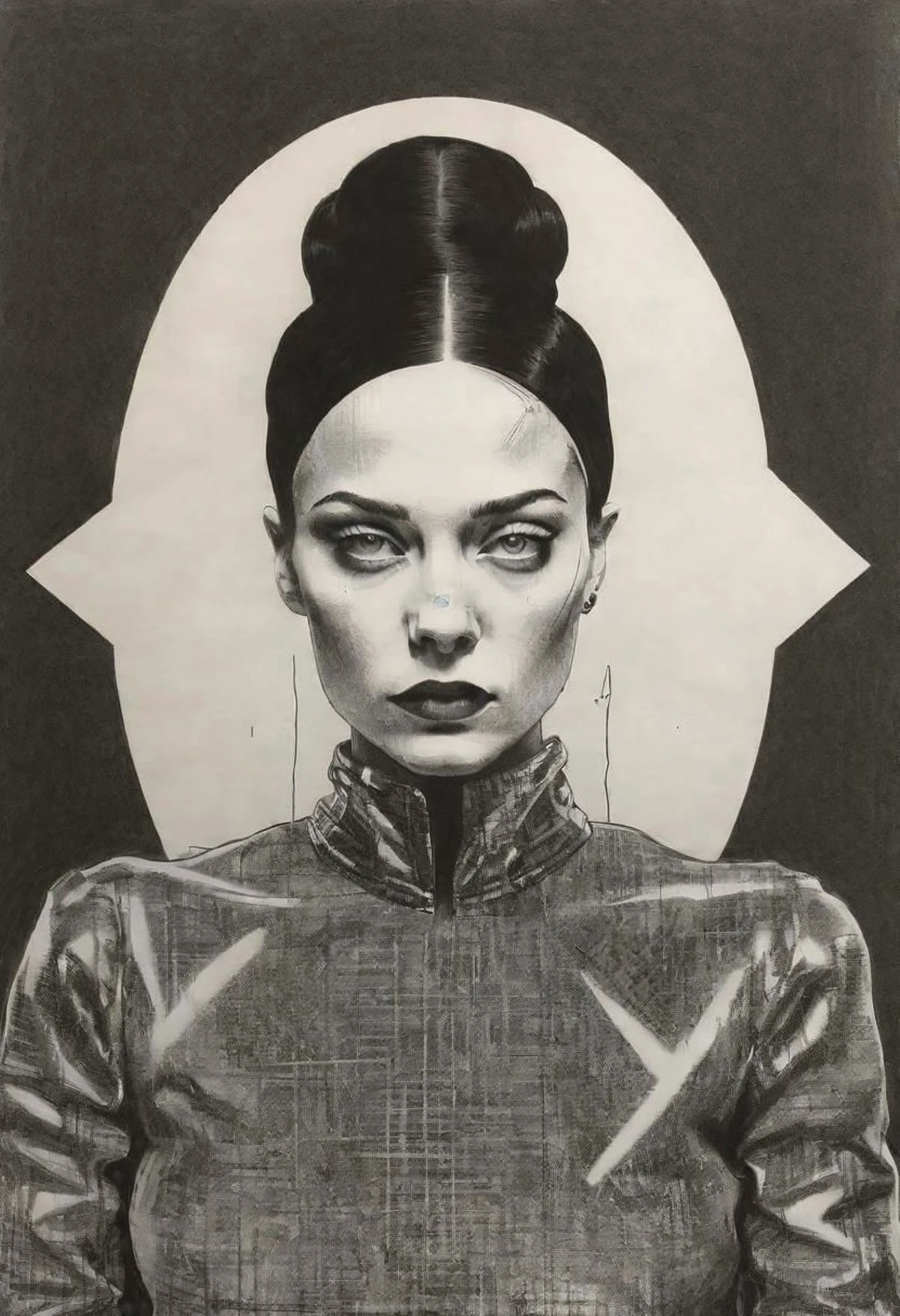 rough crosshatch drawing pop art Lunatic_Portrait of a girl in latex, slick back, low bun, black makeup, tj