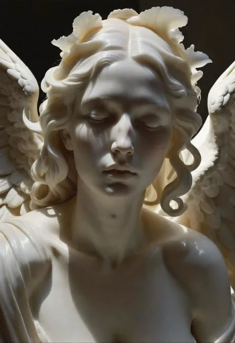 the serene sensuality of subsurface scattering of transluscent alabaster, winged, by Bernini, Lunatic_Portrait photo, dim light, rim light, soft shadows, (dramatic backlighting:1.5)