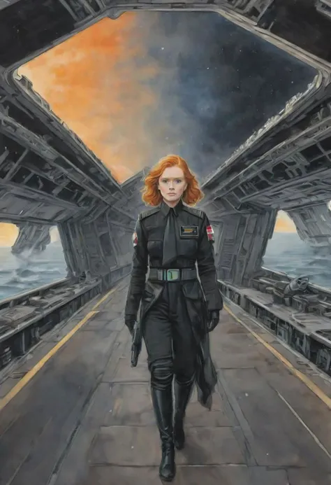 thick bold outline, acrylic painting illustration portrait of a pretty young ginger irish endomorph girl wearing a TIE-fighter pilot black outfit, walking away looking back at the viewer, in a star destroyer bridge, extremely detailed, Star wars style