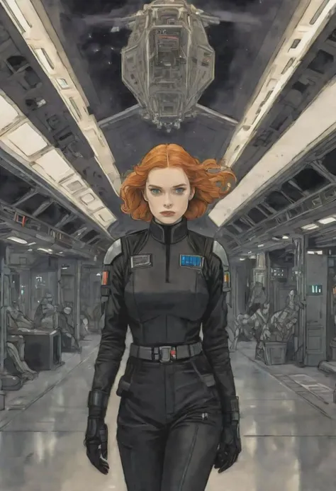 thick bold outline, acrylic painting illustration portrait of a pretty young ginger irish endomorph girl wearing a TIE-fighter pilot black outfit, walking away looking back at the viewer, in a star destroyer docking bay, extremely detailed, Star wars style