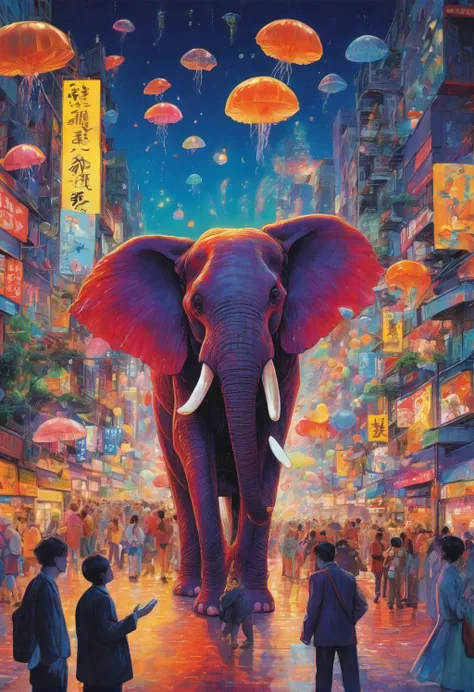 surreal, (illustration by Kon Satoshi), anime, all main characters of the anime called paprika, detective, vibe of the movie called exception, glowing at night, colorful, loft color, a parade, crowded, animals and human beings, fireworks blow in sky, golden fish and jelly fish floating in the sky, (large elephant in the middle with neon light bulbs), very tall man, haze, Wandering between the boundaries of dreams and reality, four dimentions