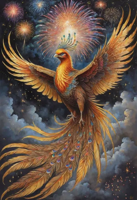 detailed asian painting, an adorable eastern phoenix flying in the sky full of fireworks, ,extremely detailed, beautiful eyes, sparkling, night time, fantasy art, dark fantasy, phoenix breathing fireworks,starry sky filled with fireworks, extremely detailed multicolored iridescent feathers entered in Perfect Composition, Complex Details Showing Unique and Enchanting Elements, Very Detailed Digital Painting, Golden Ratio, Dramatic Lighting, Very Realistic
<lora:SDXLFaeTastic2400:0.5>