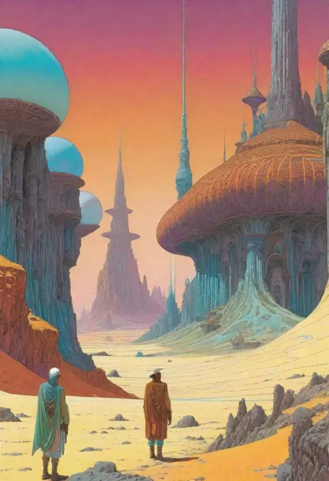 -A surreal, dreamlike sequence set in a bizarre, otherworldly landscape. The scene is filled with intricate details and features a vivid, surreal color palette. Moebius (Jean Giraud) Style page