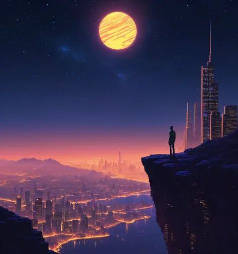 ascii art Under the shimmering night sky, a solitary figure stands atop a cliff overlooking a sprawling, neon-lit cityscape, evoking a sense of solitude and wonder: city lights:0.8, solitude:0.6, futuristic atmosphere:0.7, cinematic shot:0.9, ascii_art, <lora:ascii_art-sdxl:0.8>