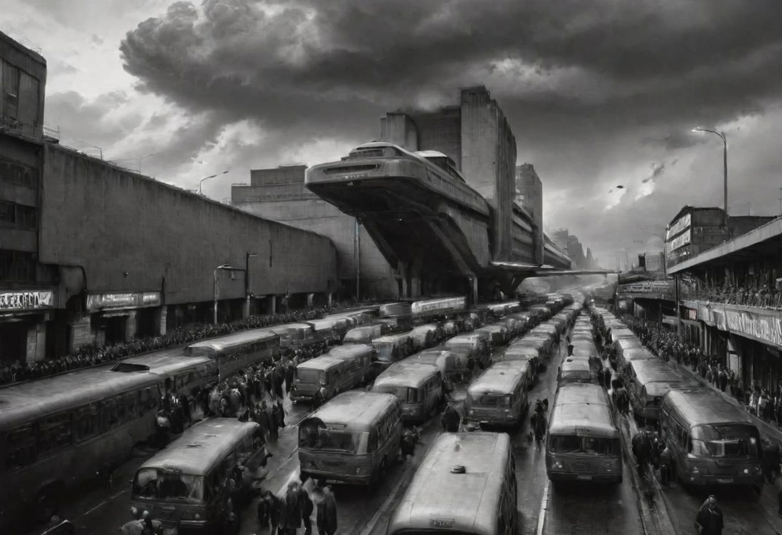 award winning monochrome film still conveying a heavy sense of brutalist dystopia, weird unusual angle epic shot of a chaotic crowd of people walking along the pavements, streamliner cars, buses, delivery trucks, trolley, aerial subway, zepelin, flying vehicles, heavy traffic, stormy weather, dark heavy clouds, evening time, pyramidal megasturctures in a futurist brutalist world, buildings, skyscrappers, highrise, neon lights, traffic lights, crossings, big ads on screen, cement, concrete, steel, iron, steel, rust, dust, vents, ducts, pipes, atomic flare, nuclear flaming explosion, pyromania bigexplosion cinematic explosion style in the horizon, dramatic lighting, analog film grain finishing
