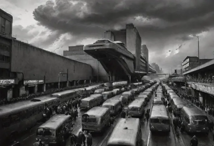 award winning monochrome film still conveying a heavy sense of brutalist dystopia, weird unusual angle epic shot of a chaotic crowd of people walking along the pavements, streamliner cars, buses, delivery trucks, trolley, aerial subway, zepelin, flying vehicles, heavy traffic, stormy weather, dark heavy clouds, evening time, pyramidal megasturctures in a futurist brutalist world, buildings, skyscrappers, highrise, neon lights, traffic lights, crossings, big ads on screen, cement, concrete, steel, iron, steel, rust, dust, vents, ducts, pipes, atomic flare, nuclear flaming explosion, pyromania bigexplosion cinematic explosion style in the horizon, dramatic lighting, analog film grain finishing