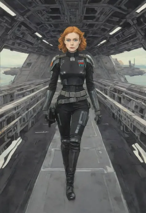 thick bold outline, acrylic painting illustration portrait of a pretty young ginger irish endomorph girl wearing a TIE-fighter pilot black outfit, walking away looking back at the viewer, in a star destroyer bridge, extremely detailed, Star wars style