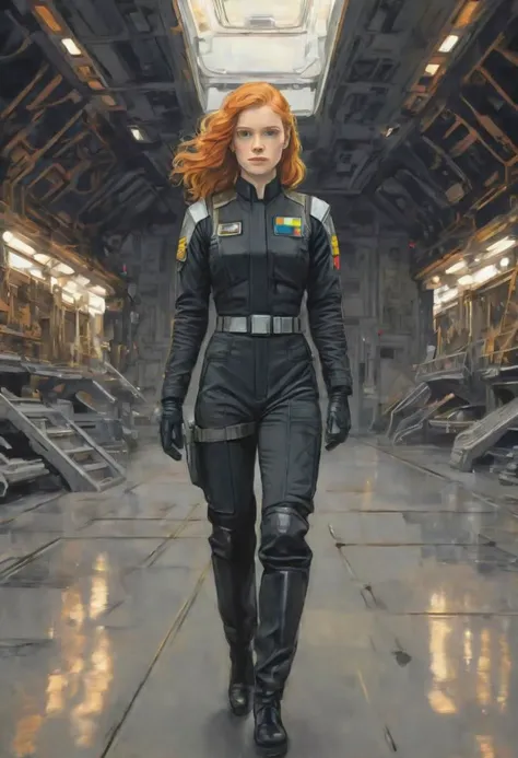 thick bold outline, acrylic painting illustration portrait of a pretty young ginger irish endomorph girl wearing a TIE-fighter pilot black outfit, walking away looking back at the viewer, in a star destroyer shipyard, extremely detailed, Star wars style