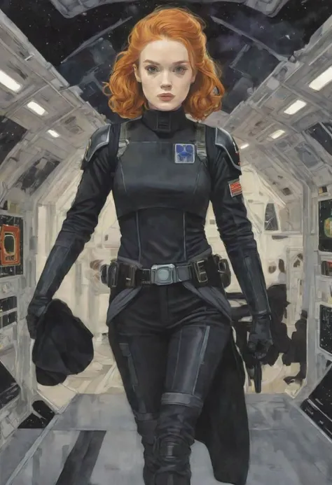 thick bold outline, acrylic painting illustration portrait of a pretty young ginger irish endomorph girl wearing a TIE-fighter pilot black outfit, walking away looking back at the viewer, in a star destroyer docking bay, extremely detailed, Star wars style
