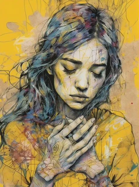 a drawing of a woman with her eyes closed and her hands folded over her chest, with a yellow background, Carne Griffiths, comic cover art, poster art, psychedelic art , pop surrealism , <lora:Graphic_Portrait:0.75>