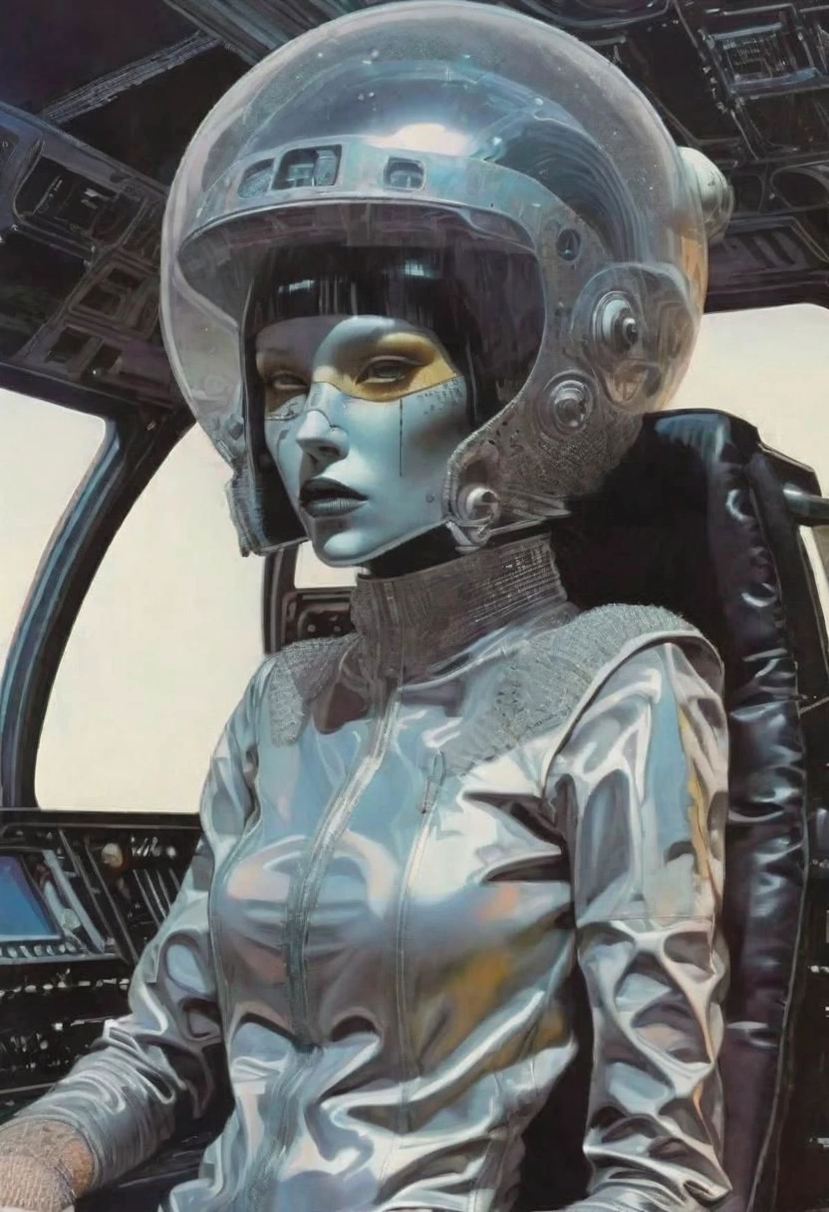(Moebius (Jean Giraud) Style page), flat ink, (thick outline:1.5), weird Lunatic_Portrait full shot of a girl in the cockpit of a spaceship, black latex, Avant-garde Fashion page, weird future fashion, headdress, plastic, veil, mask, helmet, glide_fashion, trypophobia